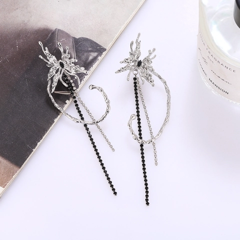 Liquid Metal Butterfly Tassel Ear Cuff Earrings For Women Gothic Silver Color Stainless Steel Post Rhinestone Drop Earrings