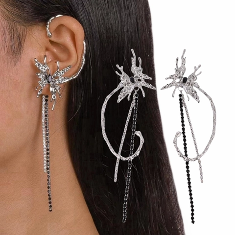 Liquid Metal Butterfly Tassel Ear Cuff Earrings For Women Gothic Silver Color Stainless Steel Post Rhinestone Drop Earrings