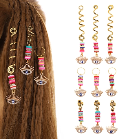 Anneaux de Tresses de Forme de Serpent Mauvais Œil en Alliage Bohème Avec Perles Colorées Accessoires de Cheveux Dreadlock Femme