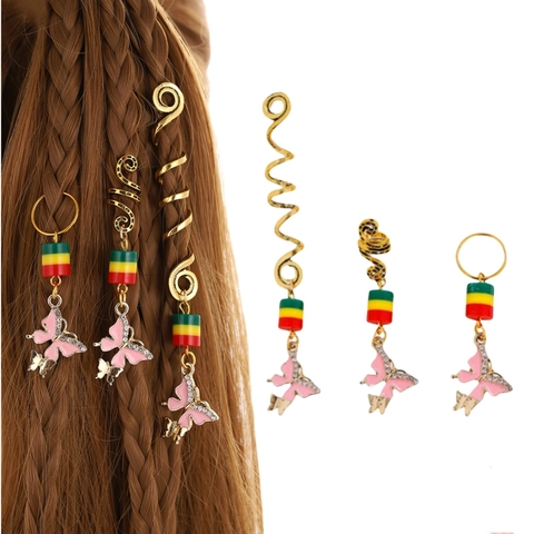 Bijoux Dreadlock Papillon en Alliage Boho Pince à Cheveux Spirale Dorée Avec Perles en Strass Pour Accessoires de Tressage Femme