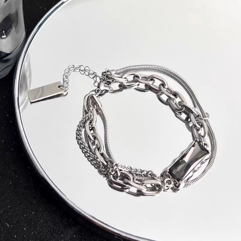Bracciale Avvolgente in Acciaio al Titanio con Strass Rettangolare per Uomo Donna Hip Hop Catena Giuntata Geometrica Doppio Strato