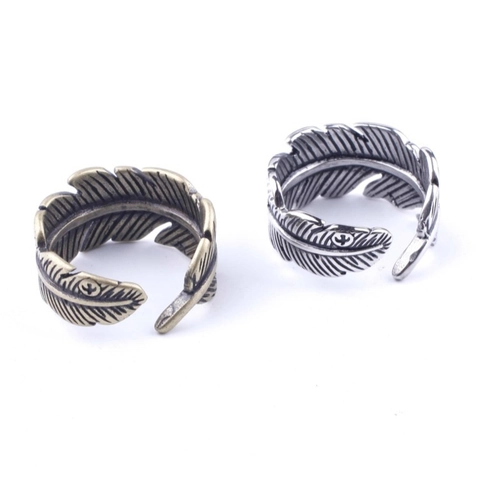 Anillo Abierto de Pluma de Acero de Titanio Retro para Hombres Mujeres Joyas Indias Estilo Punk Vintage Anillo de Banda Ajustable Color Plata