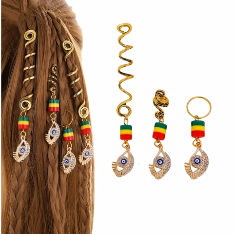 Accessoires de Cheveux en Alliage Forme de Serpent Avec Pendentif Mauvais Œil Strass Anneaux de Cheveux Spirale Or
