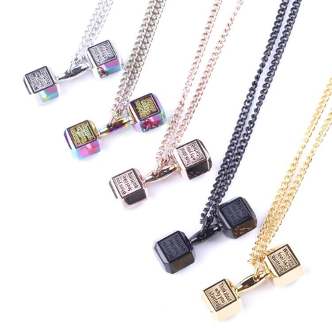 Fitness Dumbbell Stainless Steel Pendant Necklace Inspirational Engraved Quote Workout Jewelry For Men Women Gym Accessory