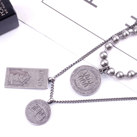 Vintage Titanstahl Doppellagige Halskette Set Kugelkette Rechteckige Runde Anhänger Industrieller Hip Hop Punk Unisex
