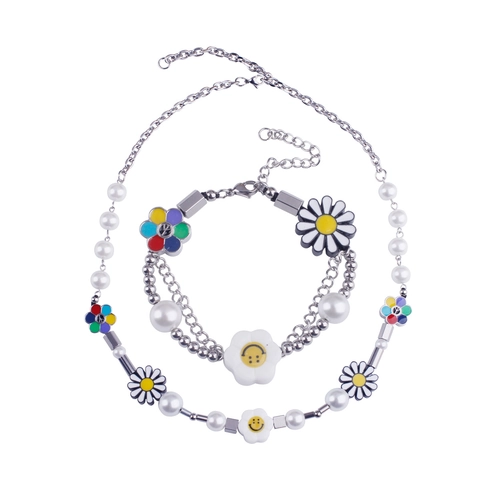 Y2K Titanium Staal Madeliefje Glimlach Gezicht Zonnebloem Kunstparel Ketting En Armband Ketting Sieraden Accessoires Voor Vrouwen Mannen Hip Hop Trend