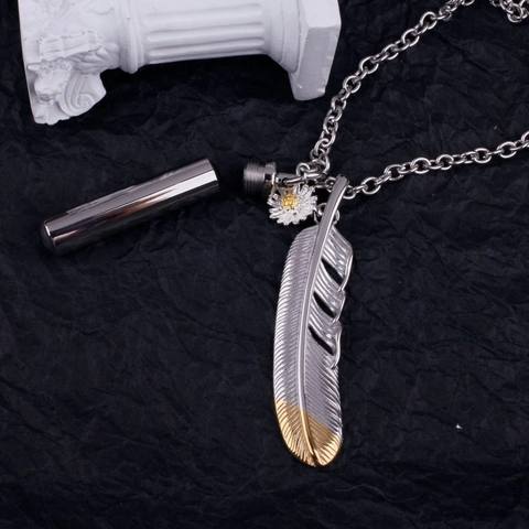Collana Urna in Acciaio Inossidabile Hip Hop Piuma Margherita Ciondolo Capsula Cilindrica Commemorativo Gioielli Retro Per Uomo Donna Catena