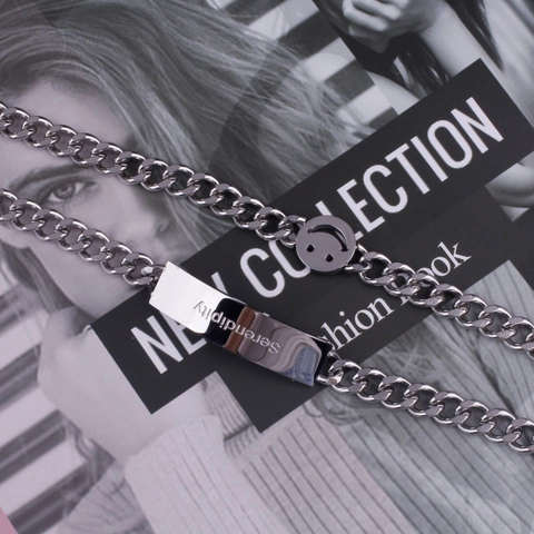 Bracciale a Catena Cubana in Acciaio Inossidabile Lucido Uomo Donna Hip Hop Faccina Sorridente Incisione Serendipity Regolabile
