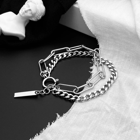 Bracciale a Doppio Strato in Acciaio Inossidabile Maglia Cubana e a Graffetta Con Targhetta Rettangolare Gioielli Hip Hop