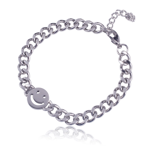 Bracciale a Catena Cubana in Acciaio Inossidabile Lucido Uomo Donna Hip Hop Faccina Sorridente Incisione Serendipity Regolabile