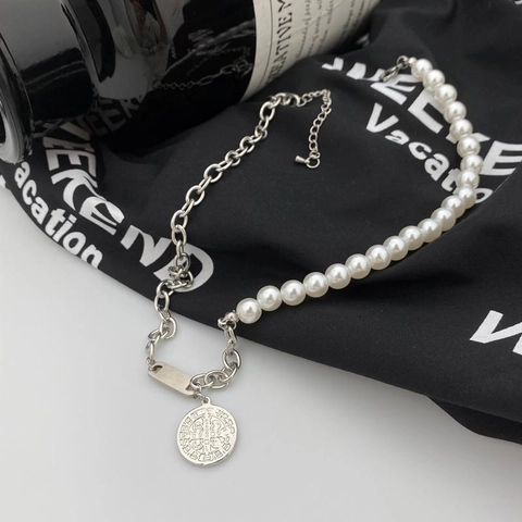 Vintage Titanium Staal Neparel Gestikt Halsketting Met Sint Benedictuspenning Munt Hanger Voor Heren Dames Sieraden
