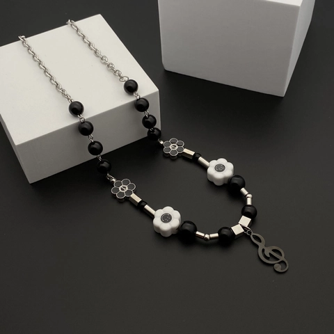 Hiphop Roestvrij Stalen Muzieknoot Hanger Ketting Met Kunstparel Zwart Wit Bloem Lachend Gezicht Streetwear Sieraden
