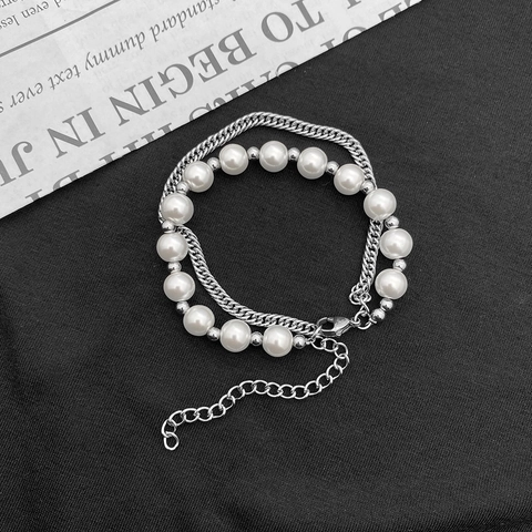 Bracciale in Acciaio al Titanio Doppio Strato con Perle Hip Hop Minimalista Catena a Traversino per Uomo Donna Gioielli Regolabili