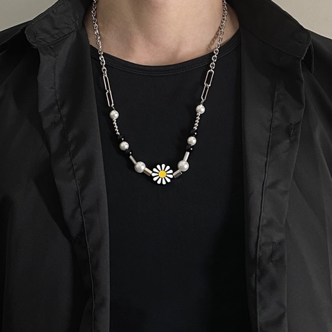 Hip Hop Titanium Staal Madeliefje Hanger Kunstparel Paperclip Ketting Halsketting Voor Heren Dames Emaille Bloem Kralen Sieraden