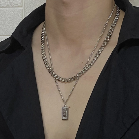 Hip Hop Titanium Steel Double Layered Necklace Retro Rectangular Portrait Pendant Cuban Link Chain Necklace For Men Women Street Jewelry