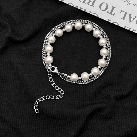 Bracciale in Acciaio al Titanio Doppio Strato con Perle Hip Hop Minimalista Catena a Traversino per Uomo Donna Gioielli Regolabili