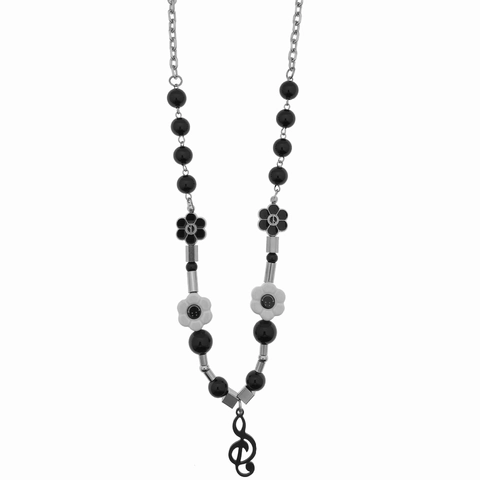 Hiphop Roestvrij Stalen Muzieknoot Hanger Ketting Met Kunstparel Zwart Wit Bloem Lachend Gezicht Streetwear Sieraden