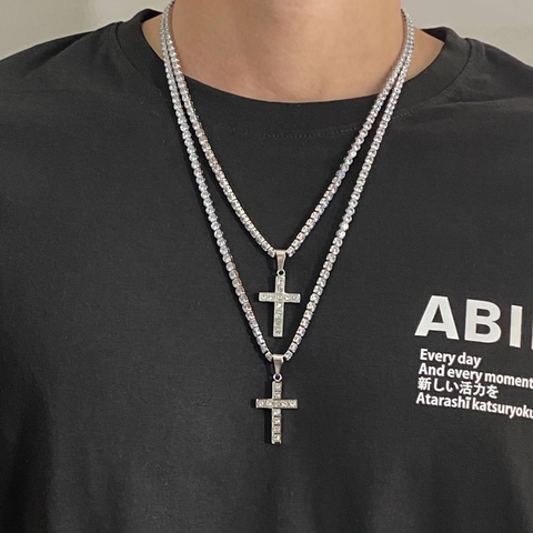 Hip Hop Roestvrij Staal Zirconia Kruis Hanger Halsketting Zilver Tennisketting Trendy Street Sieraden Voor Mannen Vrouwen