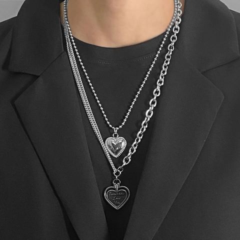 Collana Con Pendente a Cuore Vintage Per Donna Uomo In Acciaio Inossidabile Catena a Sfere A Doppio Strato Gioielli Hip Hop Tomorrow Love You Design Inciso