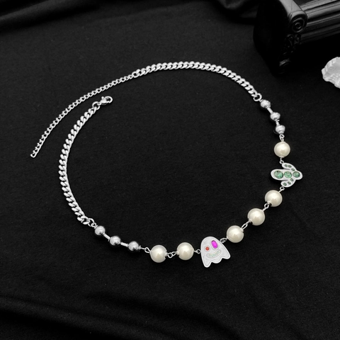 Hip Hop Gesplitste Titaniumstalen Halsketting Met Kunstparels Strass Spookgezicht Cactus Hanger Streetwear Sieraden Voor Mannen Vrouwen