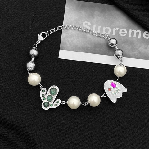 Bracciale in Acciaio al Titanio e Perle Artificiali Con Pendenti a Forma di Cactus e Fantasma Hip Hop Streetwear Bracciale a Catena