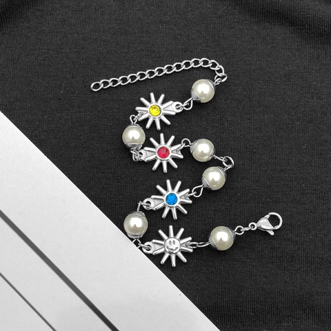 Trendiges Unisex Titanstahl Smiley Gesicht Sonnenblume Armband Mit Künstlicher Perle Spleißen Strass Minimalistische Kette Schmuck