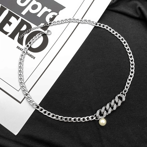 Hip Hop Cuban Link Necklace Titanium Steel Inlaid Rhinestone Artificial Pearl Pendant For Men Women Retro High Street Jewelry