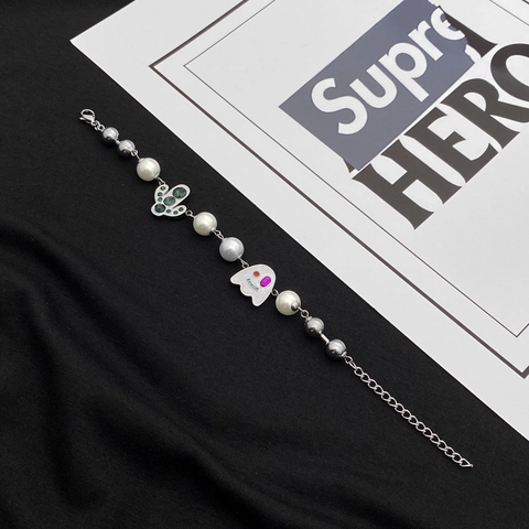 Bracciale in Acciaio al Titanio e Perle Artificiali Con Pendenti a Forma di Cactus e Fantasma Hip Hop Streetwear Bracciale a Catena
