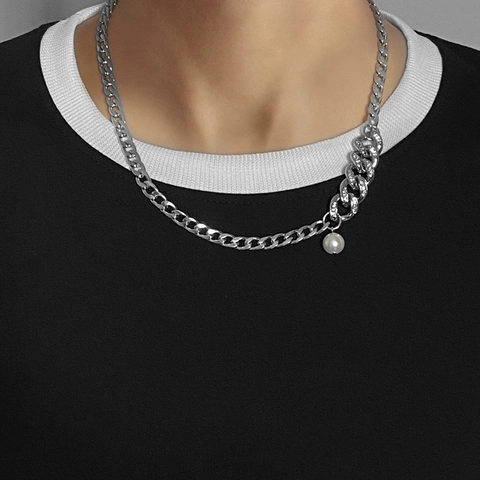 Hip Hop Cuban Link Necklace Titanium Steel Inlaid Rhinestone Artificial Pearl Pendant For Men Women Retro High Street Jewelry