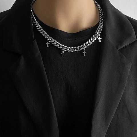 Hip Hop Titanium Steel Cross Pendant Cuban Link Necklace Heavy Metal Streetwear Punk Style Jewelry For Men Women