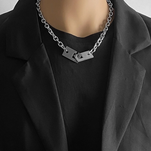 Collana a Catena Grossa in Acciaio al Titanio Industriale Con Pendente Rettangolare Geometrico Incastrato Gioielli Stile Punk Hip Hop