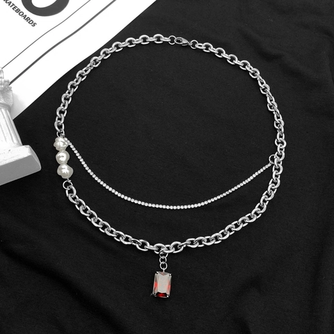 Hip Hop Double Layer Necklace With Red Rectangular Zirconia Pendant Titanium Steel Curb Chain And Artificial Baroque Pearl Jewelry For Men Women