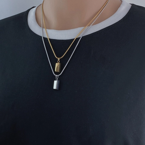 Collana con Pendente Rettangolare in Acciaio Inossidabile Minimalista per Uomo Donna Ciondolo a Colonna Quadrata Lucida Catena a Serpente Gioielli Regalo