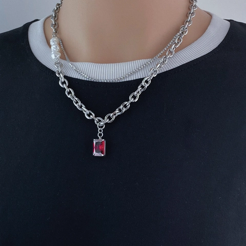 Hip Hop Double Layer Necklace With Red Rectangular Zirconia Pendant Titanium Steel Curb Chain And Artificial Baroque Pearl Jewelry For Men Women
