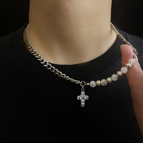 Street Hip Hop Titanium Staal Kruis Hanger Splitsketting Met Zirkonia Cubaanse Ketting Metalen Kralen Sieraden Voor Heren Dames