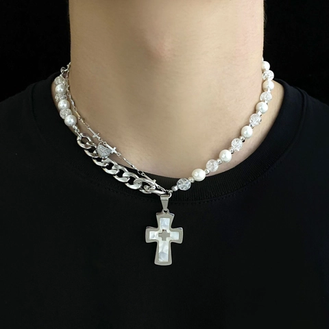 Collana in Acciaio al Titanio Asimmetrica Multistrato Hip Hop Con Pendente a Croce Madreperla Imitazione Perla Artificial Catena Cubana Uomo Donna Gioielli Punk