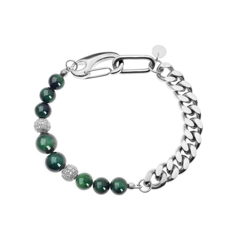 Hip Hop Titanium Steel Splicing Bracelet Green Tiger Eye Obsidian Cuban Chain Beaded Rhinestone Adjustable Unisex Jewelry