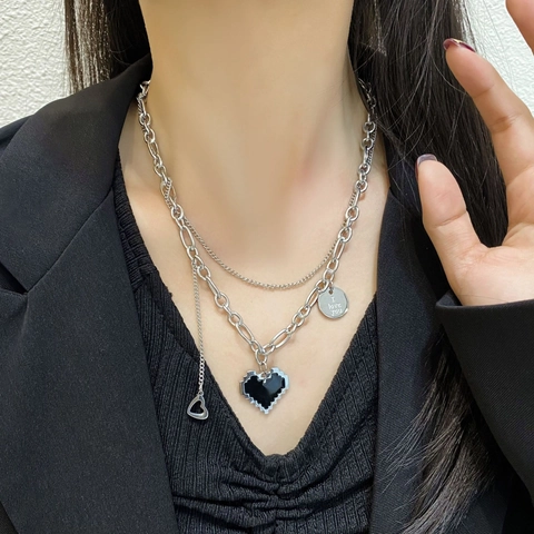 Titanstahl Doppelreihige Halskette Mit Schwarzem Pixelherz Anhänger Und I Love You Graviertem Rundem Tag Hip Hop Damen Schmuck