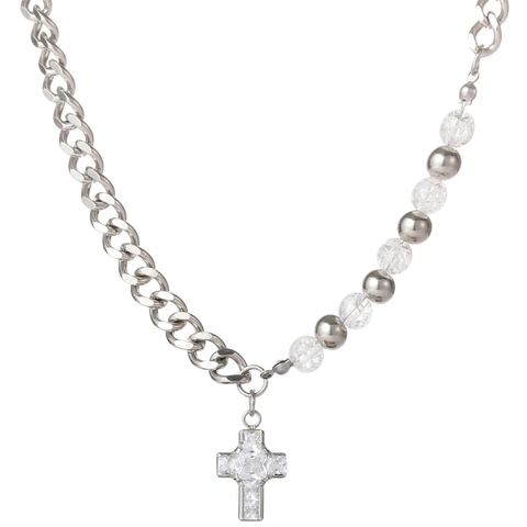 Street Hip Hop Titanium Staal Kruis Hanger Splitsketting Met Zirkonia Cubaanse Ketting Metalen Kralen Sieraden Voor Heren Dames