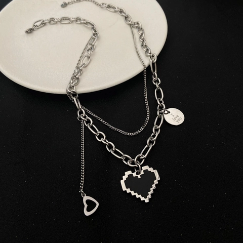Titanstahl Doppelreihige Halskette Mit Schwarzem Pixelherz Anhänger Und I Love You Graviertem Rundem Tag Hip Hop Damen Schmuck