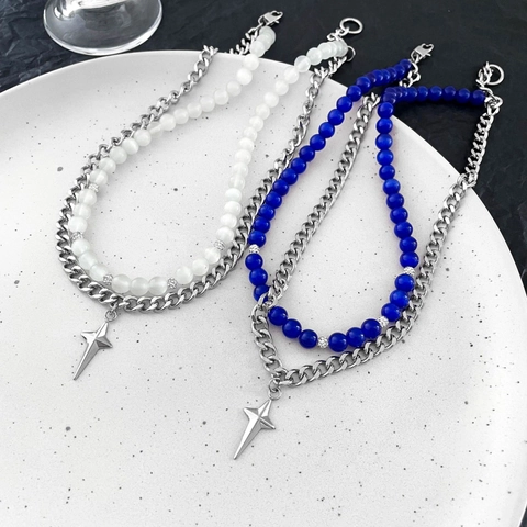 Minimalistische Edelstahl Zweilagige Halskette Für Herren Damen High Sense Vierzackiger Stern Blau Weiß Katzenaugenstein Anhänger Kette