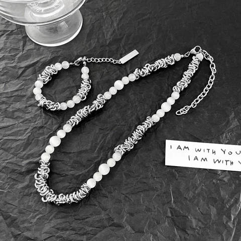 Collana Bracciale Unisex in Acciaio al Titanio con Pietra Occhio di Gatto Catena Irregolare Tessuta a Mano Gioielli
