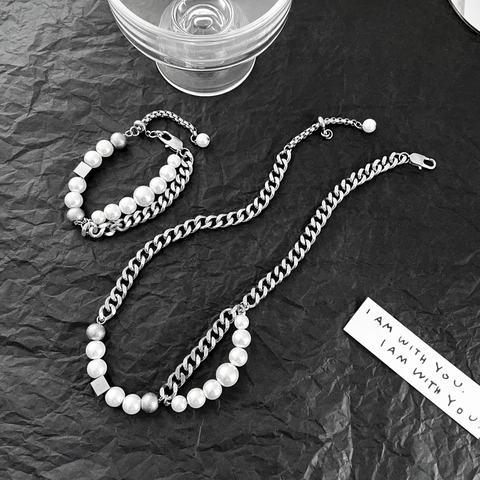 Collana con Maglia Cubana in Acciaio al Titanio e Perle Artificiali Hip Hop Punk Moda Unisex Gioielli da Collo