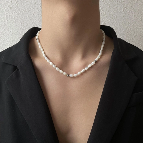 Collana Hip Hop Doppio Strato in Acciaio Inossidabile con Perle Artificiali Punk Argento Perla di Conchiglia Gioielli per Unisex