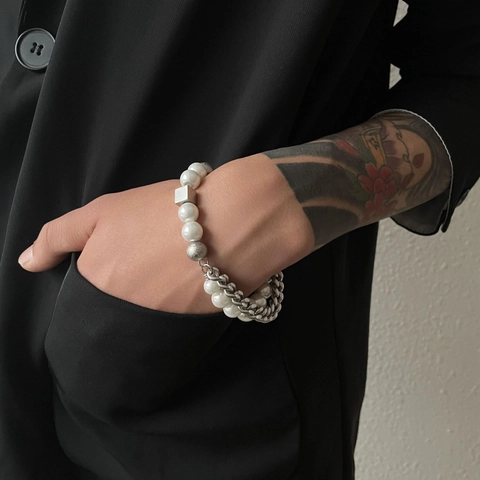 Collana con Maglia Cubana in Acciaio al Titanio e Perle Artificiali Hip Hop Punk Moda Unisex Gioielli da Collo