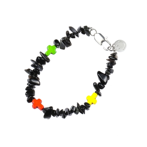 Hip Hop Black Agate Irregular Stone Bracelet With Colored Cross Pendants And Smiley Face Metal Tag Unisex Fashion Jewelry
