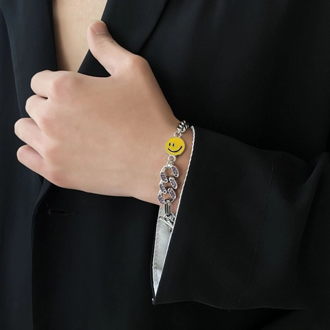 Hip Hop Roestvrij Staal Cubaanse Ketting Armband Voor Dames Heren Geel Smiley Gezicht Saturnus Planeet Hanger Paarse Strass Emaille