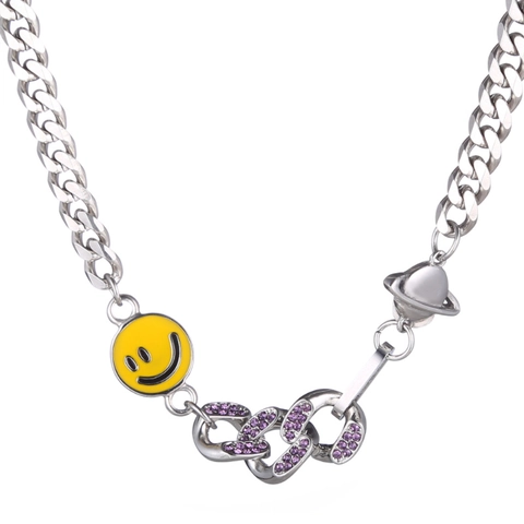Hip Hop Titanium Steel Smiley Face Planet Pendant Necklace For Men Women Cuban Chain Purple Rhinestone Inlaid Trendy Jewelry