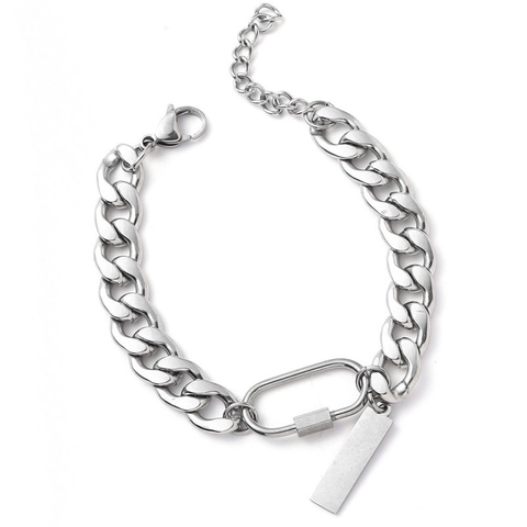 Bracciale da Uomo in Acciaio al Titanio con Moschettone Maglia Cubana Hip Hop Punk Gioielli con Targhetta Rettangolare
