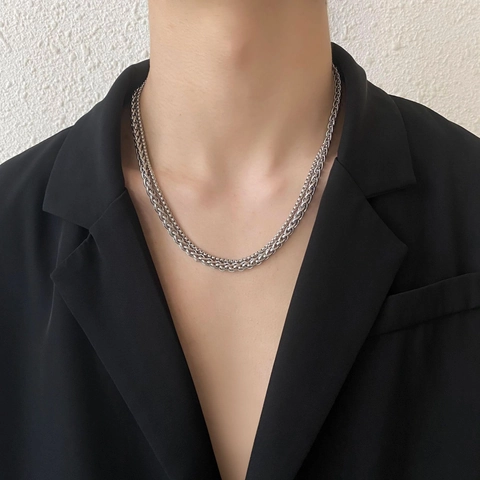 Men's Double Layer Dragon Bone Chain Necklace Titanium Steel Silver Minimalist Hip Hop Stacked Neck Chain Jewelry Unisex